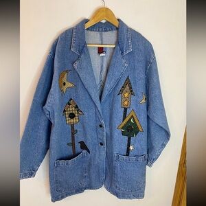 Vintage Americana Artsy Birdhouse Patchwork Denim Blazer